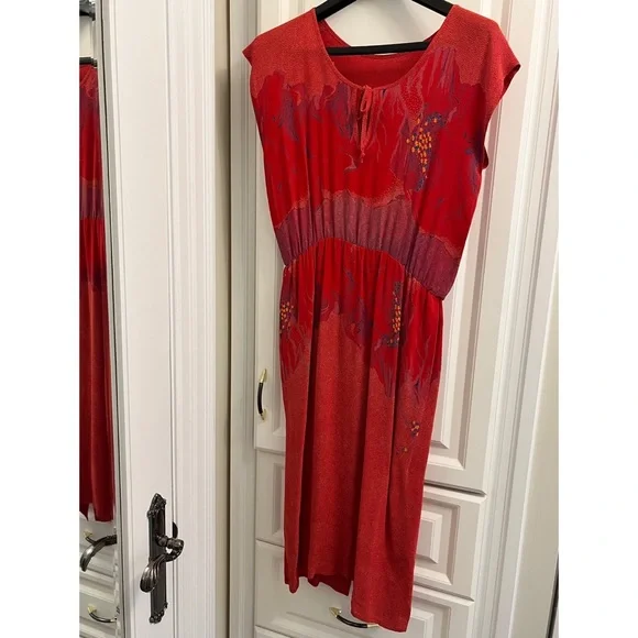HP❤️Women’s Red Vintage Abstract Wayne Clark Tuscan Style Pleated Dress Sz 8 - Picture 2 of 9